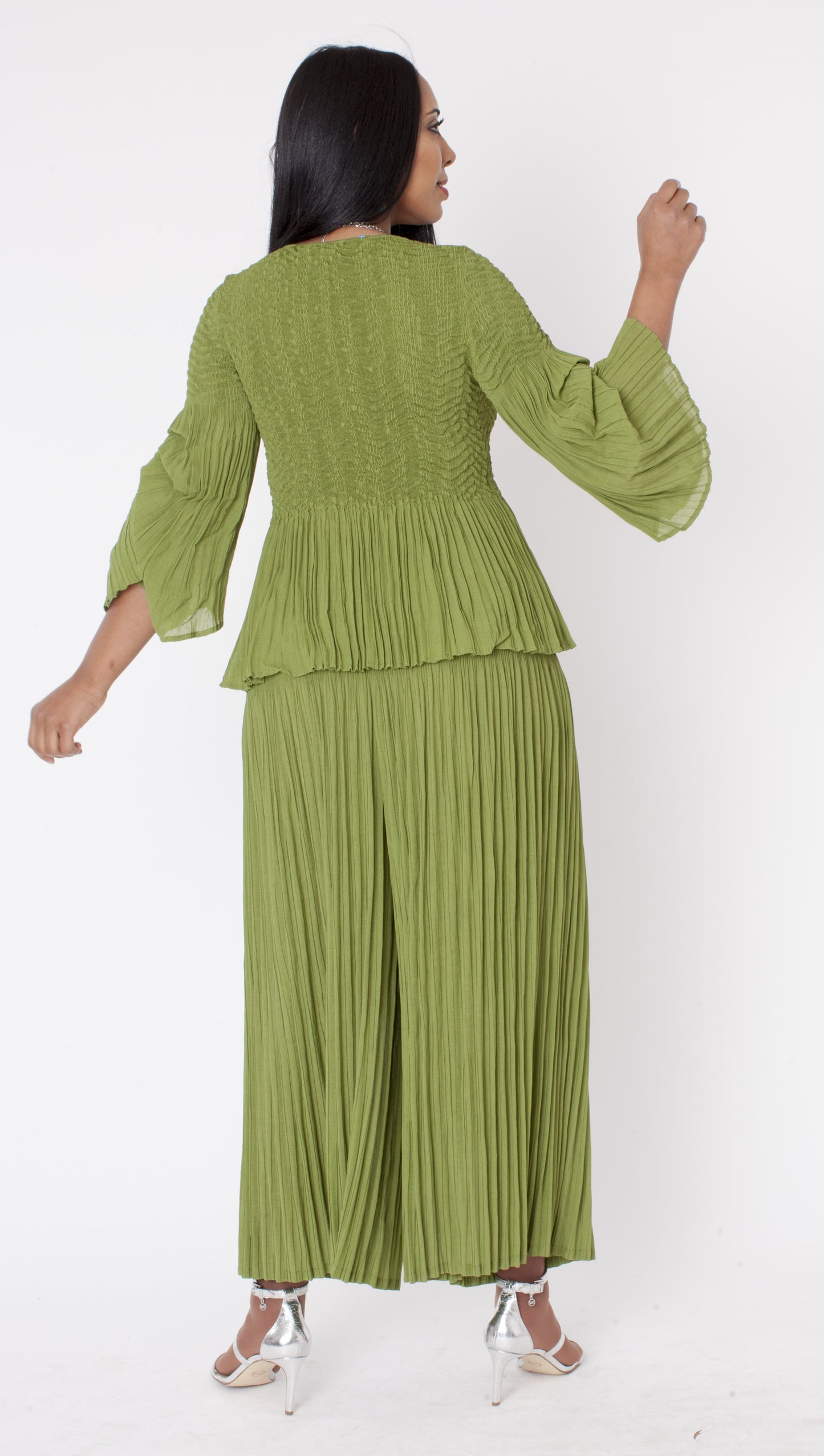 Back view of ruched sleeve pleated pantset in green, flowy coordinated set, For Her NYC