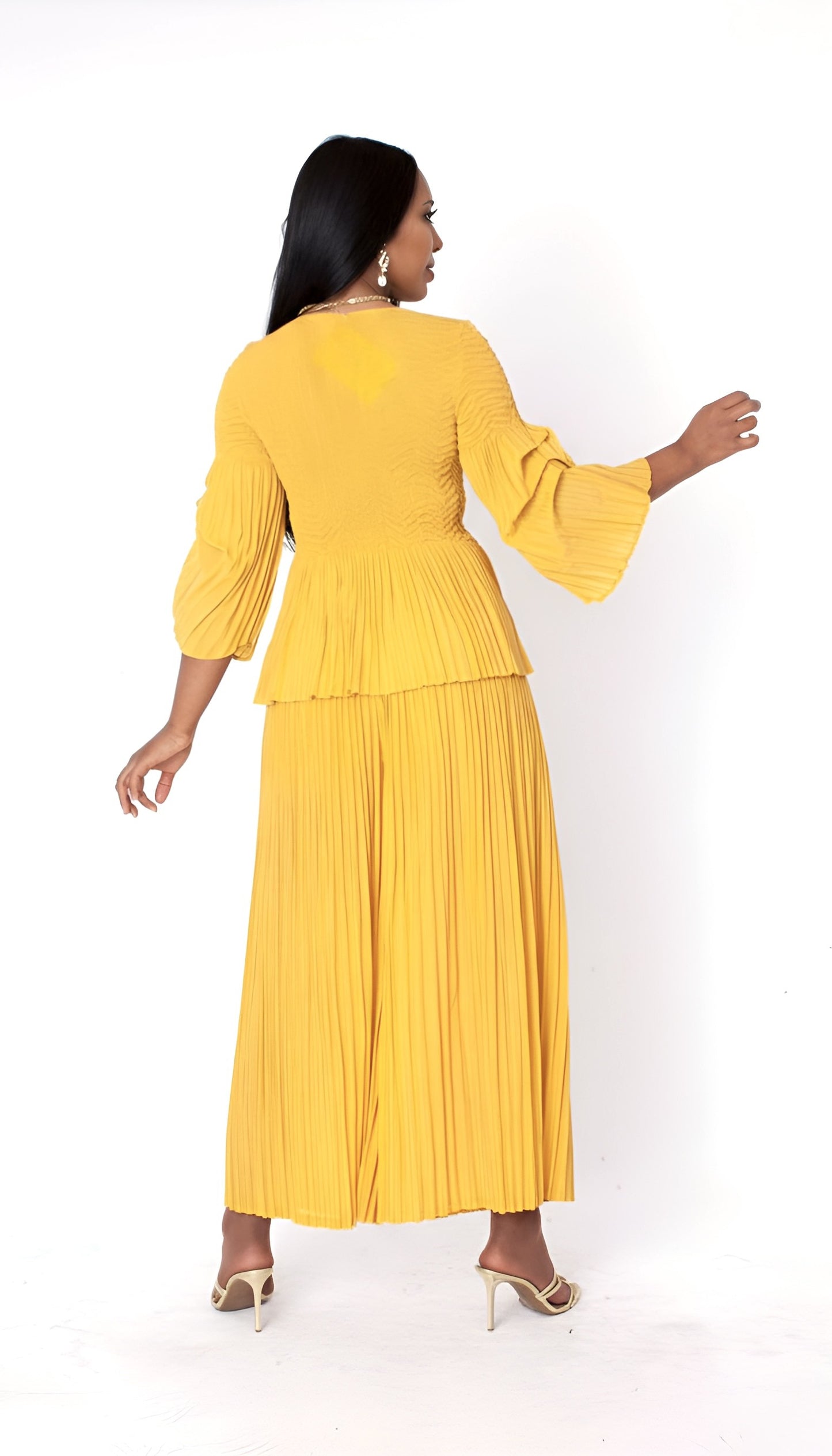 Back view of ruched sleeve pleated pantset in mustard yellow, classy coordinated ensemble, For Her NYC