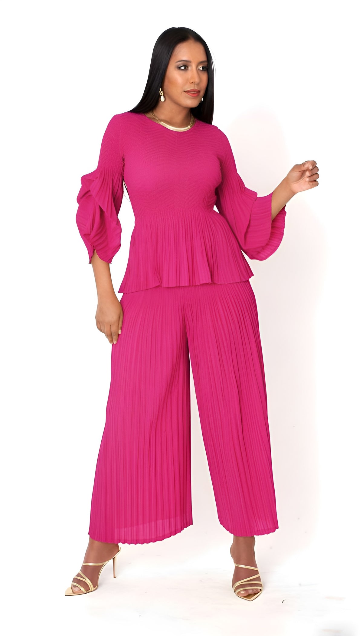 RUCHED SLEEVE PLEATED PANTSET - RASPBERRY