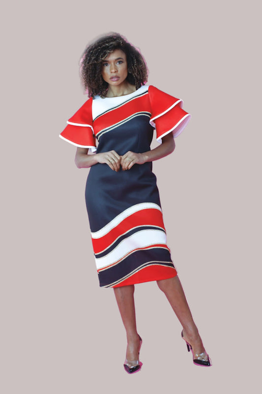 Front view of red, navy, and white colorblock ruffle sleeve midi dress — For Her NYC.