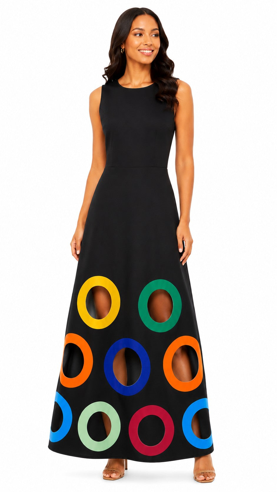 For Her NYC Plus Size Colorful Circles Cutout Dress in Black Multi featuring a sleeveless fit-and-flare silhouette, vibrant multicolor circle cutout-inspired accents along the hem, and a flattering flowing maxi-length design.