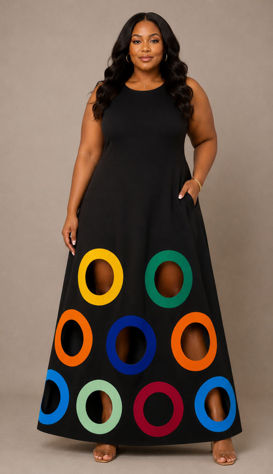 For Her NYC Plus Size Colorful Circles Cutout Dress in Black Multi featuring a sleeveless fit-and-flare silhouette, vibrant multicolor circle cutout-inspired accents along the hem, and a flattering flowing maxi-length design.