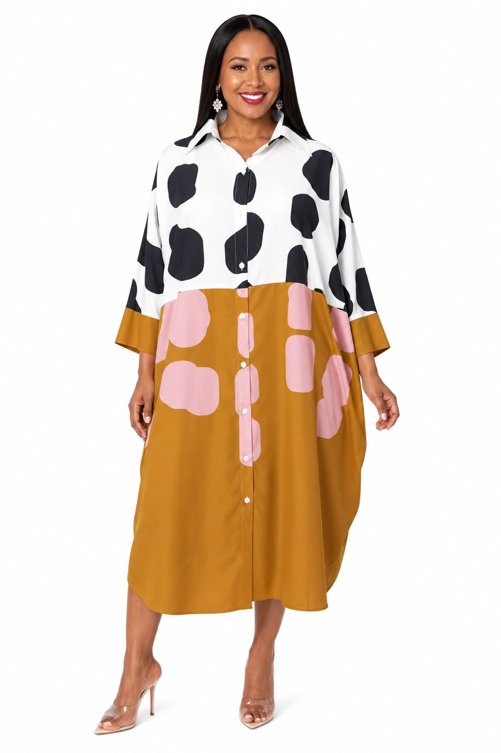 For Her NYC Plus Size Bold Graphics Shirt Dress in Black and Mustard featuring an abstract colorblock print, button-front shirt dress silhouette, pointed collar, three-quarter sleeves, and a flattering oversized fit.