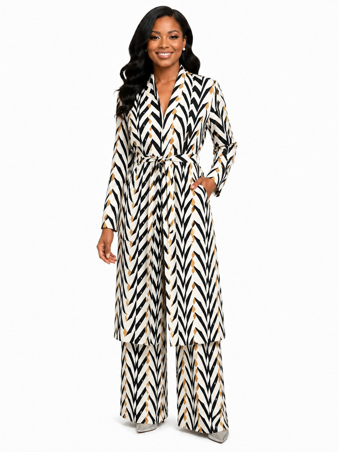 For Her NYC Chic Chevron Print Duster Pant Set in Black and Ivory featuring a long tie-waist duster, bold chevron print, coordinating wide-leg pants, and a polished two-piece silhouette.