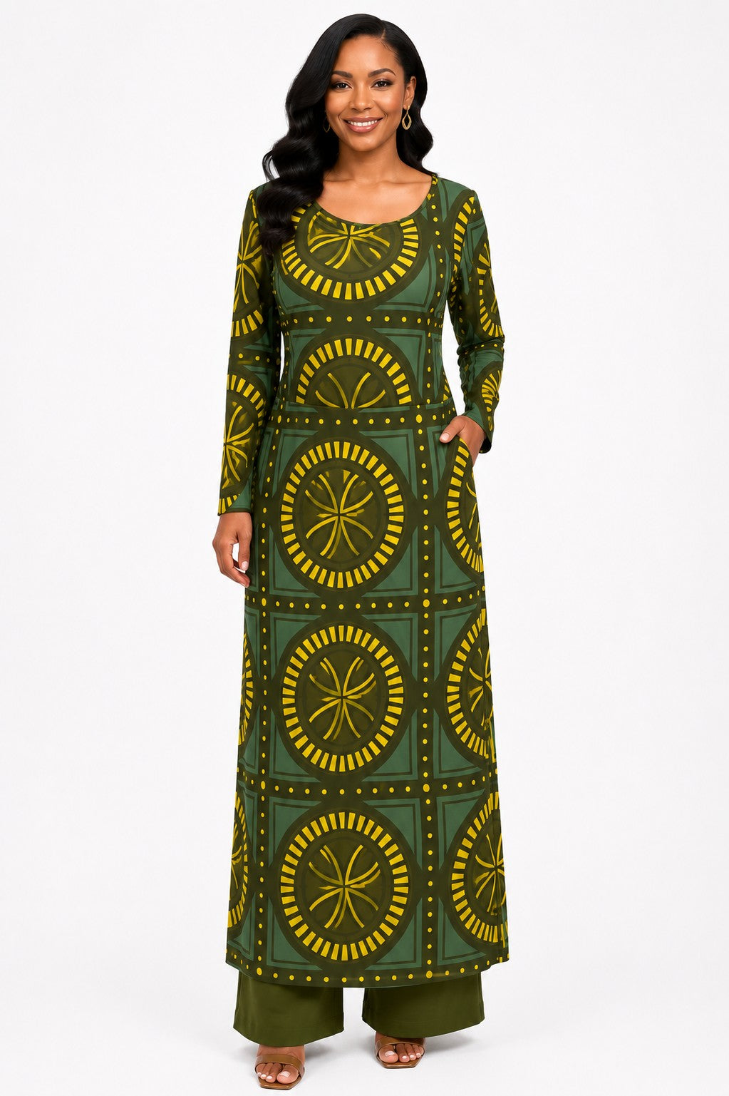 For Her NYC Plus Size Geo Circle Print Long Tunic Pant Set in Olive Multi featuring a bold geometric circle print, long tunic with side pockets, coordinating wide-leg pants, and a flattering relaxed two-piece silhouette.