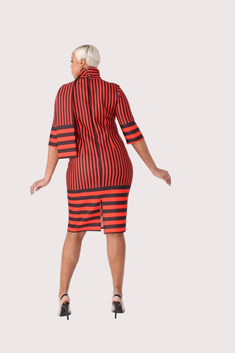 Full back view of a red and black striped scuba bodycon dress with 3/4 sleeves, showing the clean back silhouette and body-hugging fit by For Her NYC