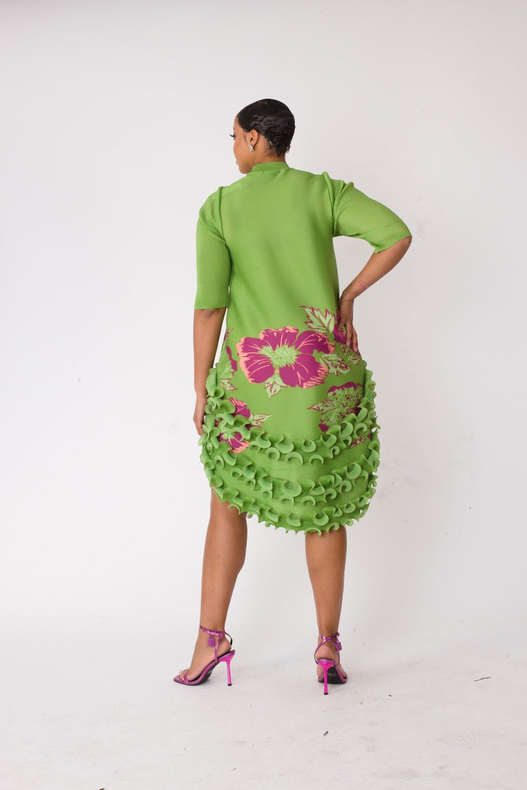 Back view of Sculptural Ruffle High-Low Dress showing rear fit, ruffle placement, and high-low hemline, For Her NYC