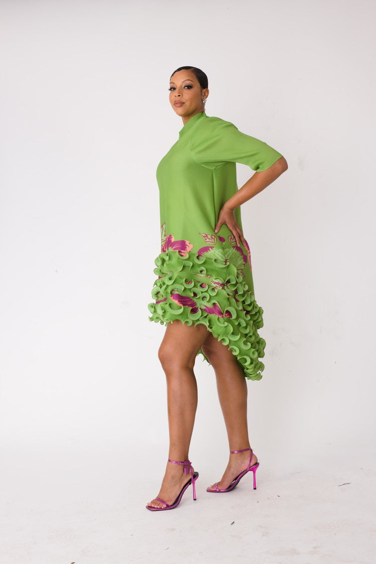 Model wearing Sculptural Ruffle High-Low Dress in three-quarter angle pose emphasizing sculptural skirt and silhouette, For Her NYC