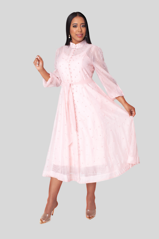 Peach spring pearl midi dress with long sleeves and tie waist, feminine modest style – For Her NYC