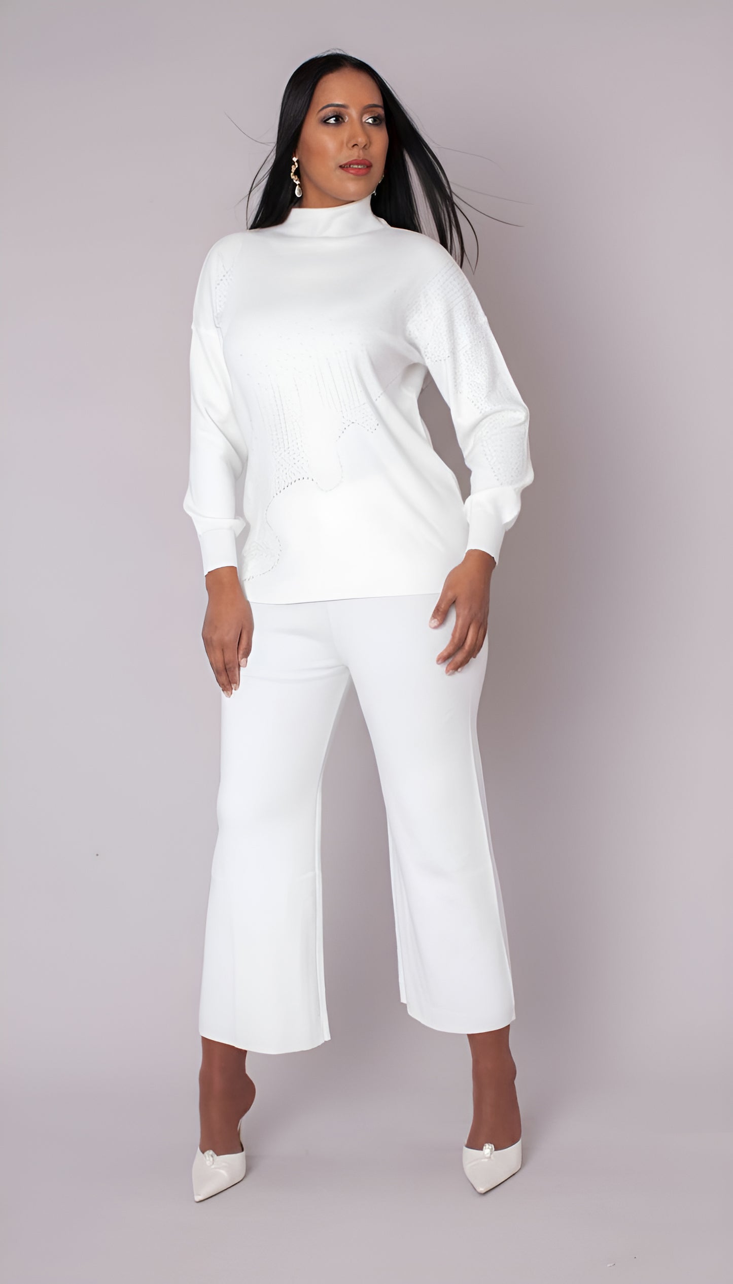 Front full view of white knit pantset styled with wide-leg pants, chic minimal look, For Her NYC