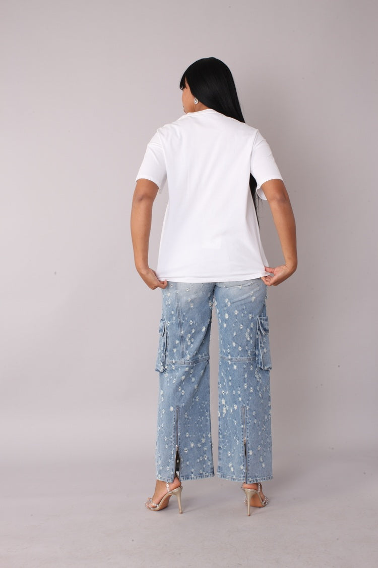 White multi street style graphic tee shown in back view emphasizing oversized fit and length, For Her NYC
