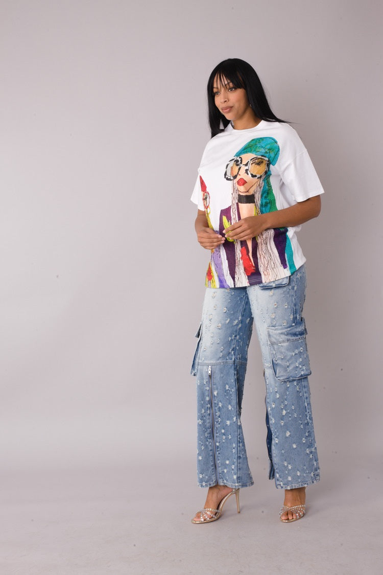 White multi street style graphic tee shown in back view emphasizing oversized fit and length, For Her NYC