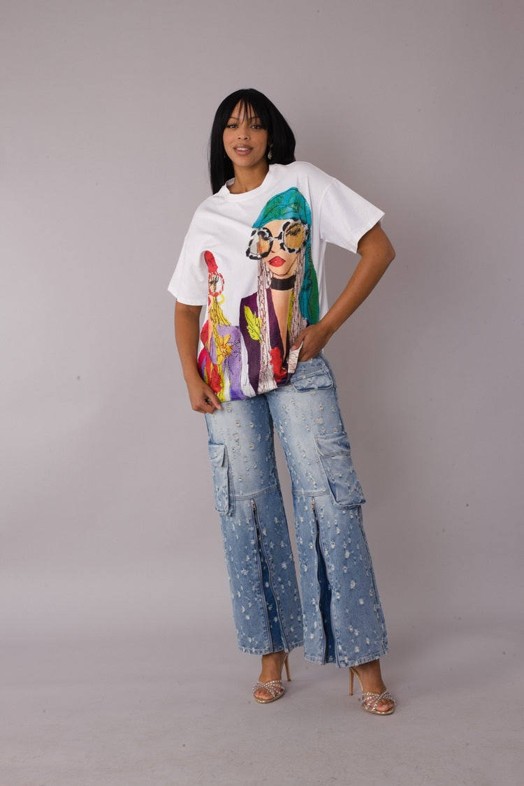 White multi street style graphic tee shown in front standing pose highlighting colorful graphic contrast, For Her NYC