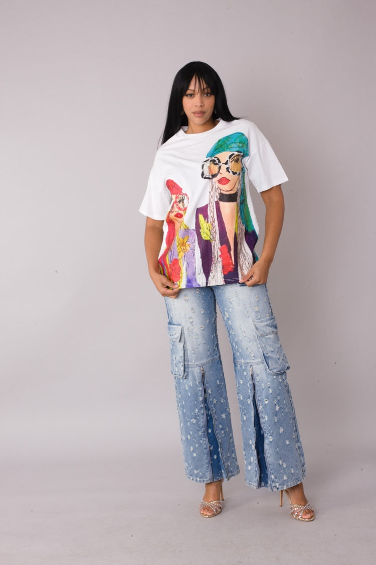 White multi street style graphic tee shown in front standing pose highlighting colorful graphic contrast, For Her NYC