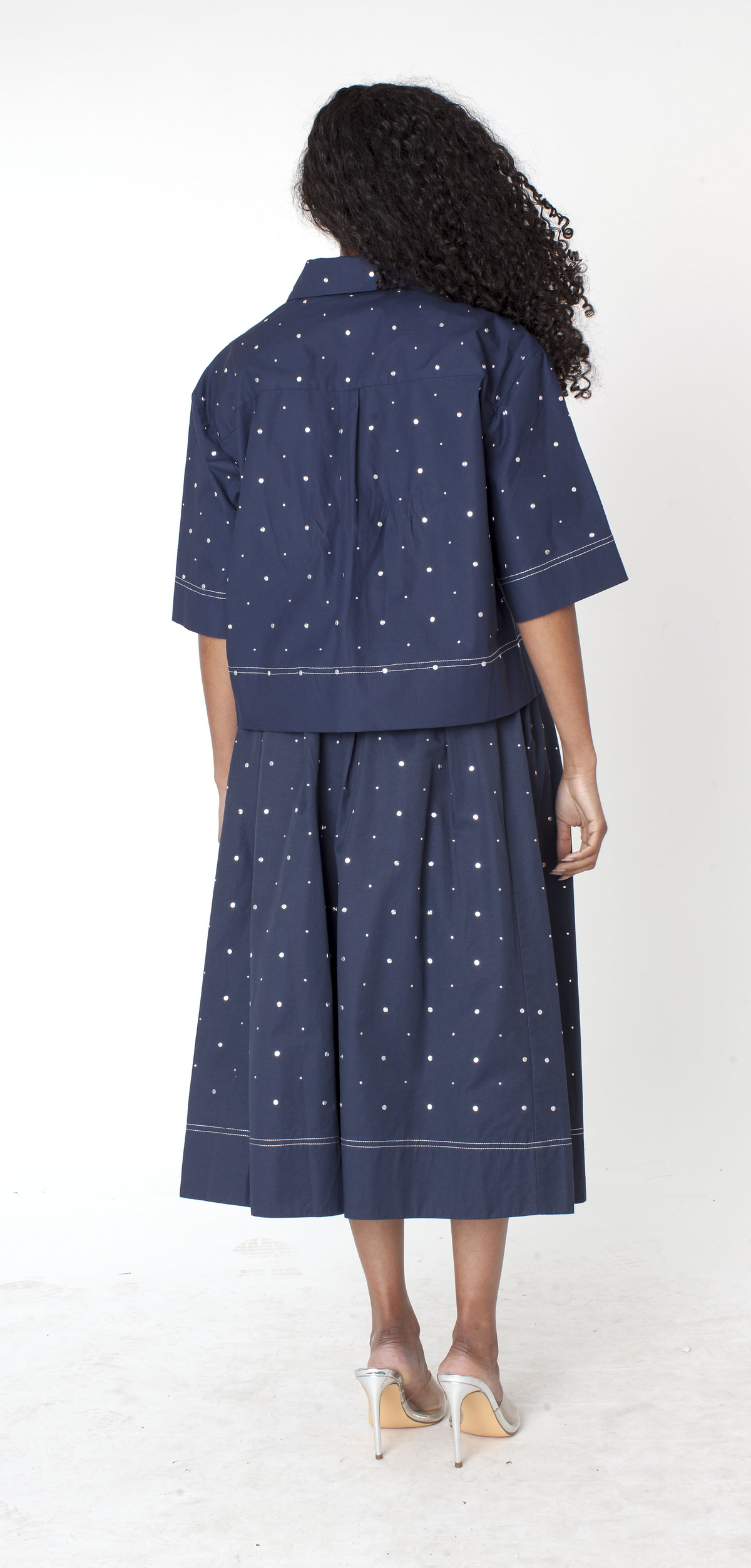 Navy studded cropped button-up shirt with tailored silhouette and back view – For Her NYC