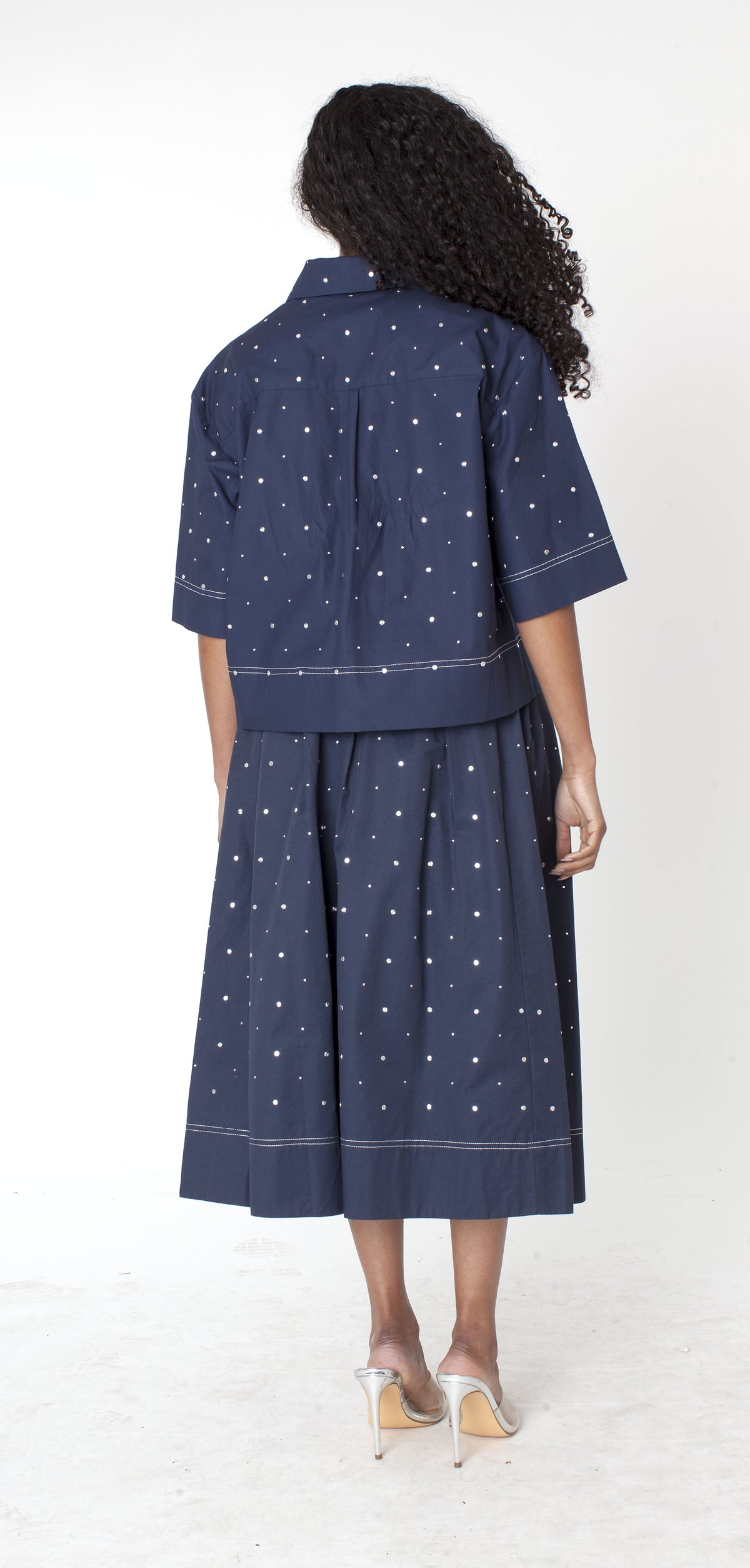Navy studded midi full skirt with flowing shape and back view – For Her NYC
