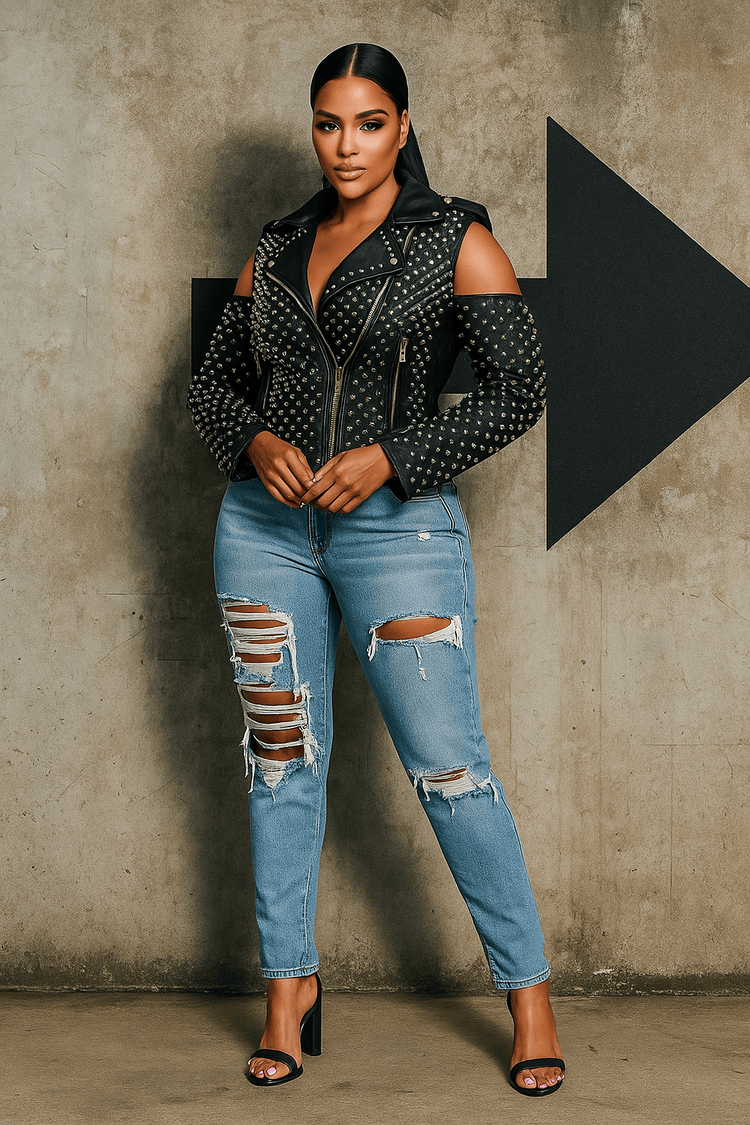 Black studded pleather moto jacket with open shoulder cutouts shown from the front against a textured studio background, styled with distressed denim and heels by For Her NYC