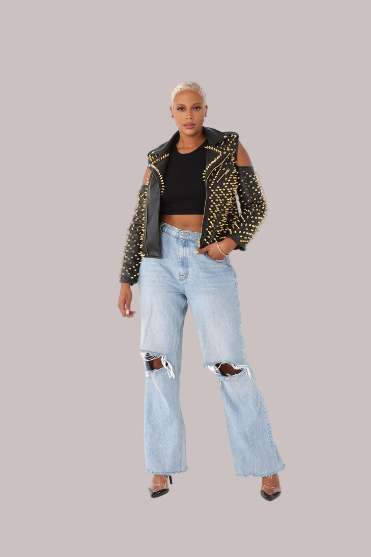 Studded Pleather Moto Jacket with Open Shoulders- 81936 – FOR HER