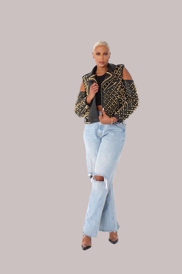 Studded Pleather Moto Jacket with Open Shoulders- 81936 – FOR HER