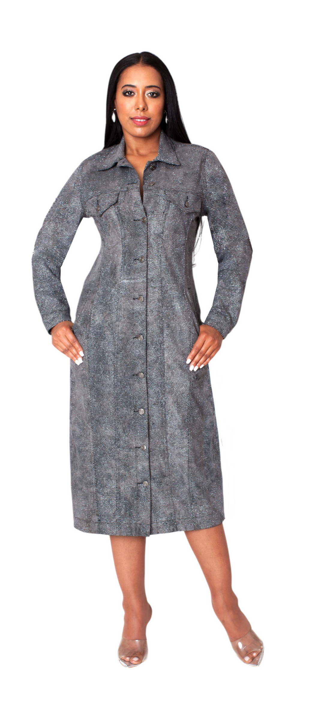 Crystal Embellished Denim Midi Dress - 82680