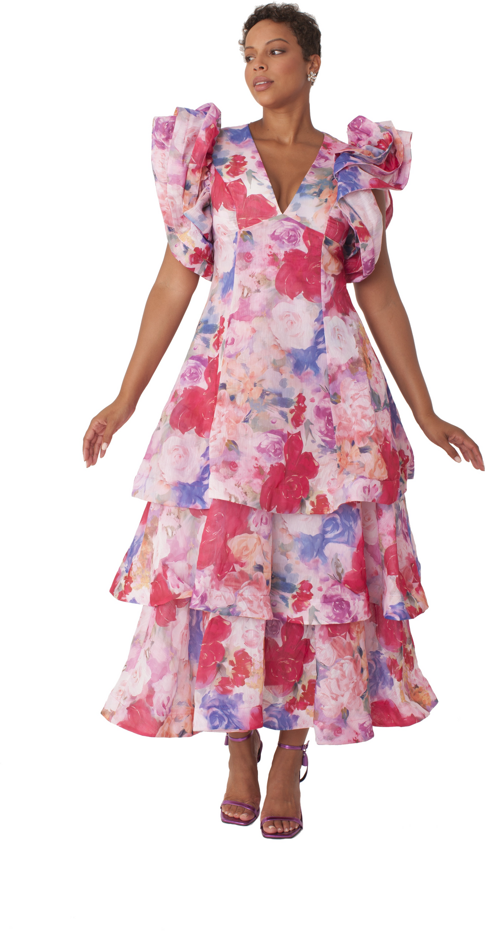 Watercolor Floral Tiered Midi Dress - 82663