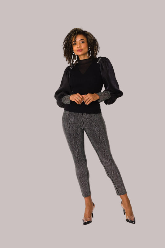 Front view of black suede diamond embellished pants – For Her NYC