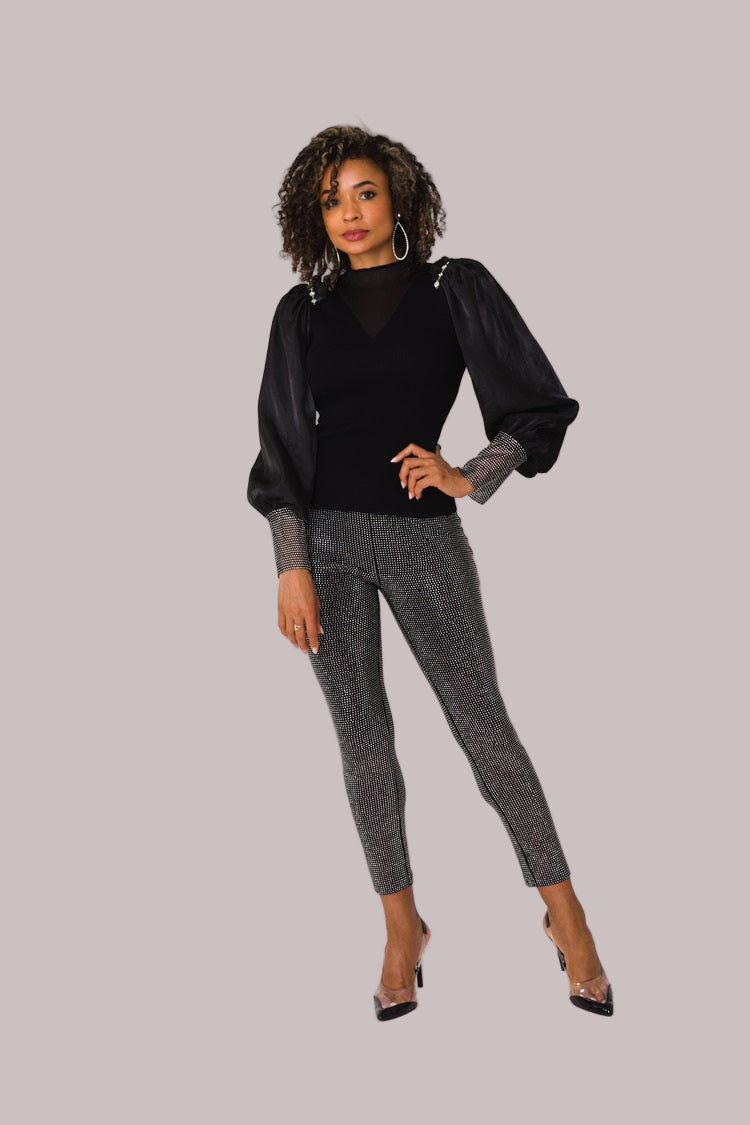 Front view of black suede diamond embellished pants – For Her NYC