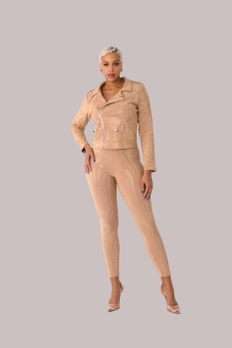 Front view of nude suede diamond embellished pants – For Her NYC
