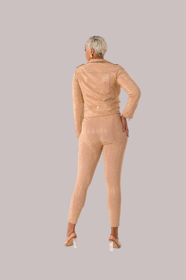 Rear angled view of nude suede diamond embellished pants with hand on hip – For Her NYC