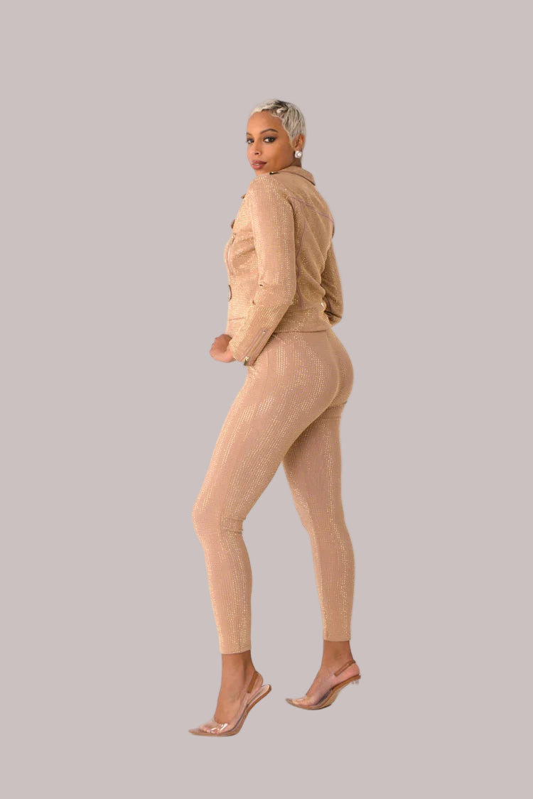 Three-quarter rear view of nude suede diamond embellished pants – For Her NYC