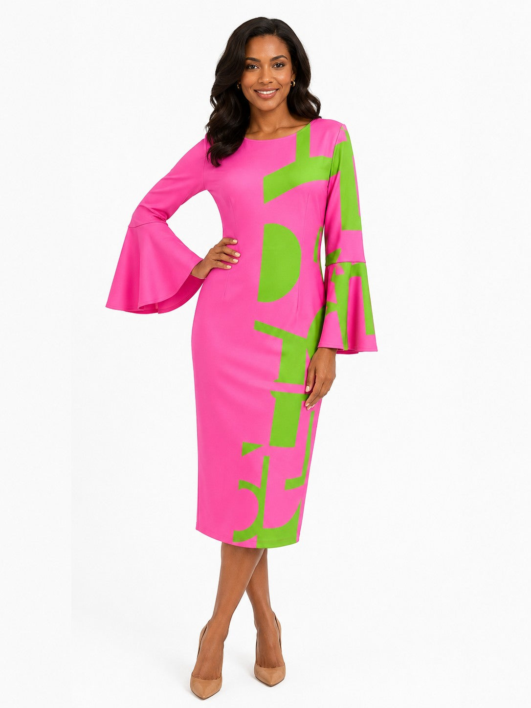 For Her NYC Abstract Bell Sleeve Midi Dress in Pink and Lime featuring an oversized geometric print, statement bell sleeves, fitted silhouette, and elegant midi length.