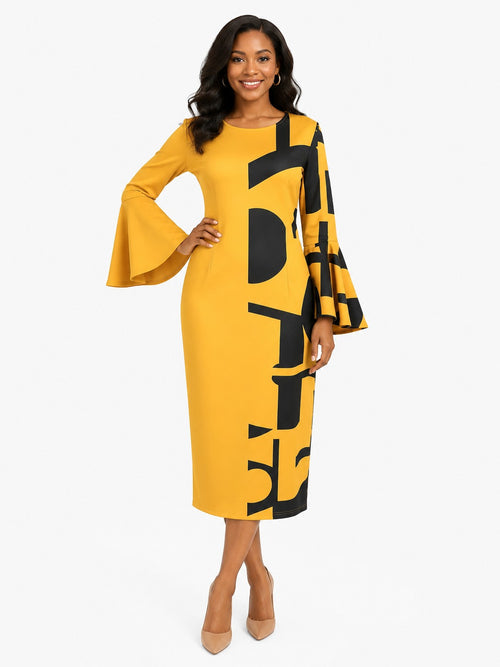 Plus Size Abstract Bell Sleeve Midi Dress - T7797W