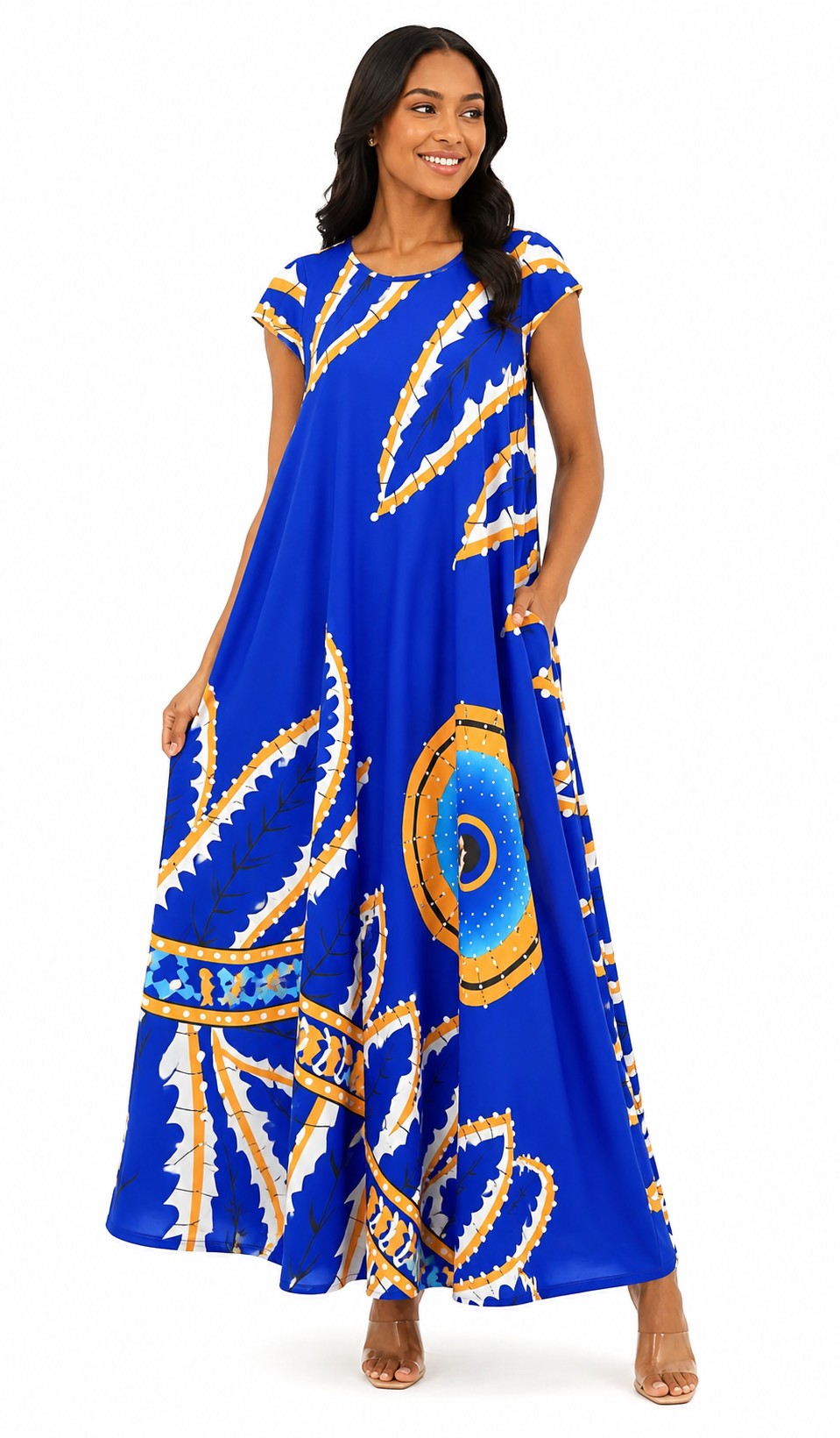 For Her NYC Plus Size Abstract Print Maxi Dress in Royal Blue Multi featuring a bold abstract print, flowing maxi silhouette, classic round neckline, short sleeves, side pockets, and a flattering relaxed fit.