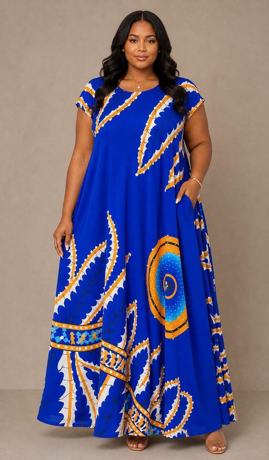 For Her NYC Plus Size Abstract Print Maxi Dress in Royal Blue Multi featuring a bold abstract print, flowing maxi silhouette, classic round neckline, short sleeves, side pockets, and a flattering relaxed fit.