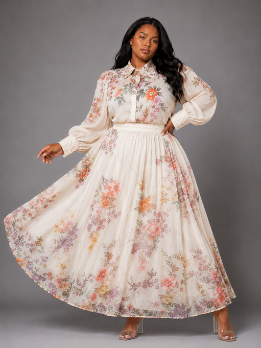 Plus size model wearing the Tally Taylor Floral Print Blouse & Maxi Skirt Set in multicolor floral print, long sleeves and a flowing maxi skirt, style S0095W.