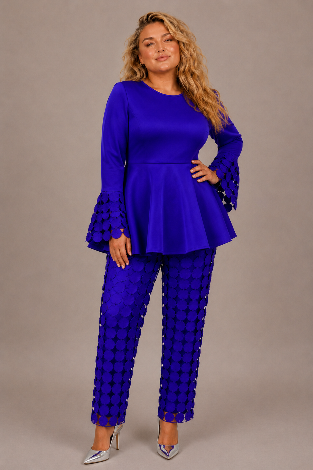 Tally Taylor plus size cobalt circle lace peplum top and pants set with statement bell sleeves, style U0561W