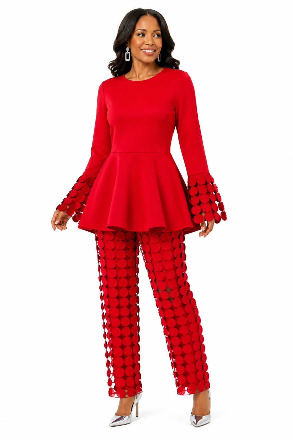 Tally Taylor red circle lace peplum top and pants set with statement bell sleeves, style U0561