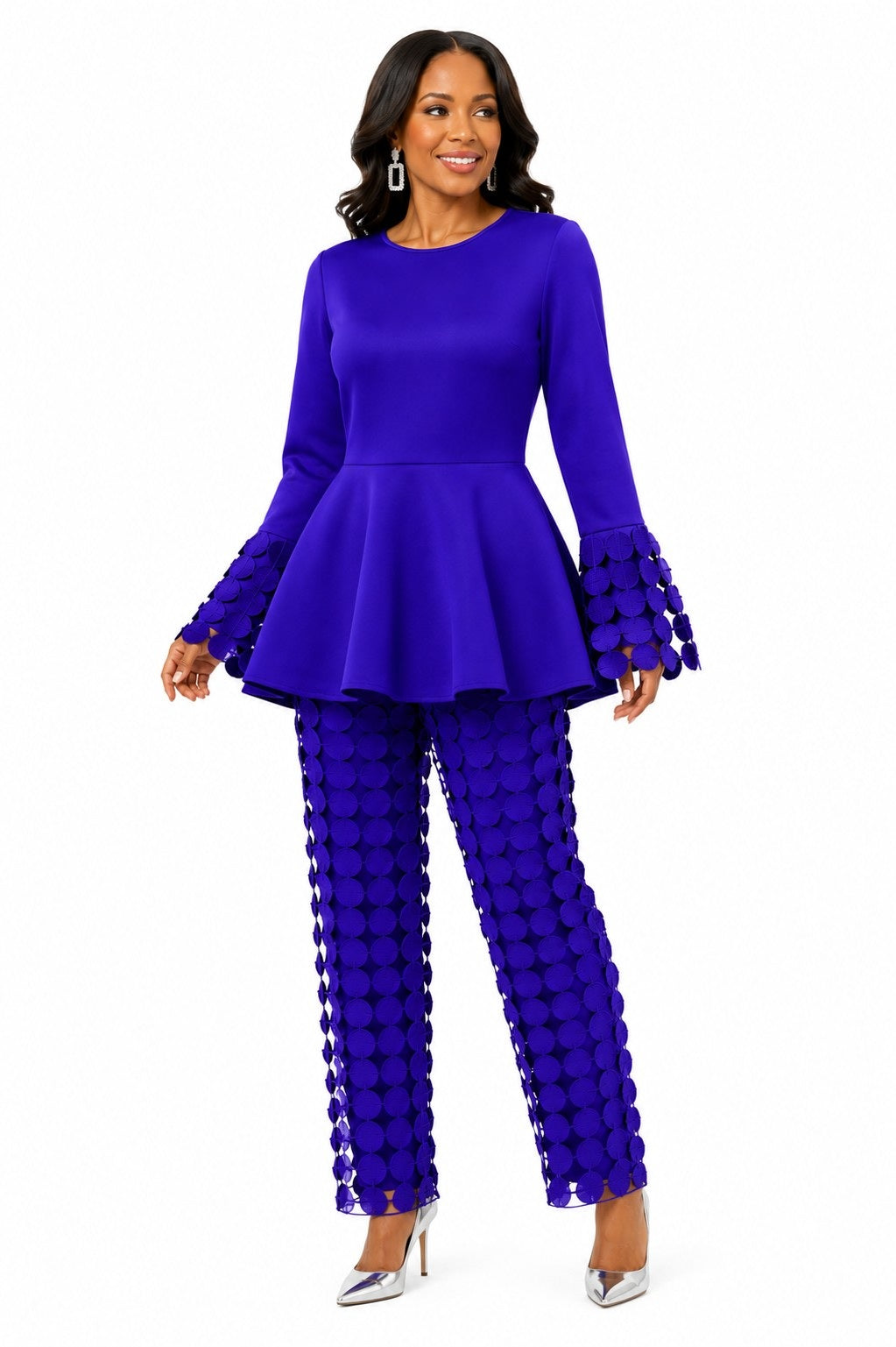 Tally Taylor cobalt circle lace peplum top and pants set with statement bell sleeves, style U0561
