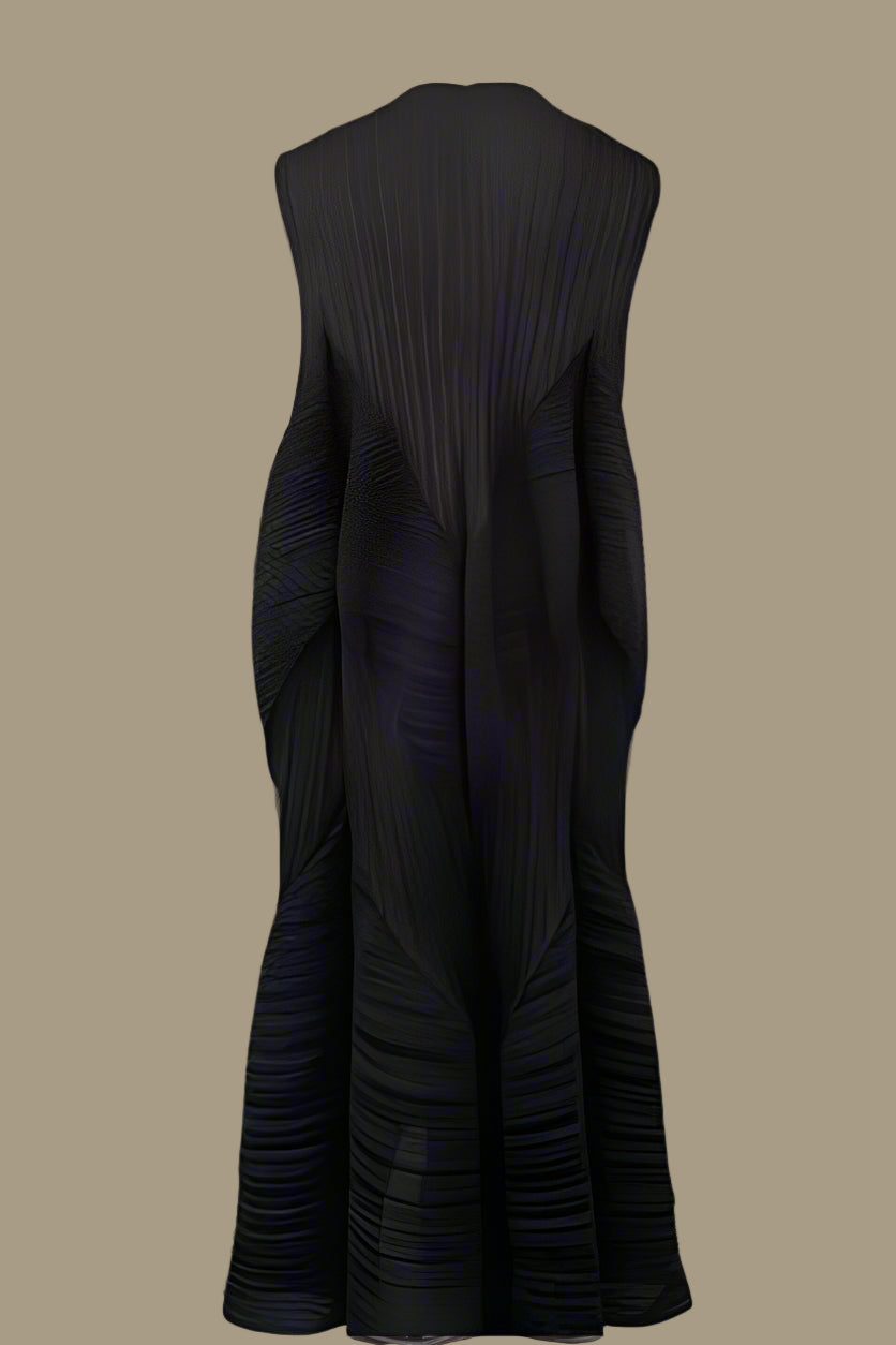 Back flat view of the black textured wave sleeveless dress showing clean back design and flowing skirt shape by For Her NYC