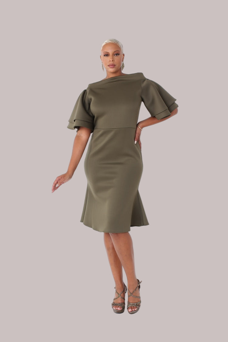 Tiered Bell Sleeve Midi Dress HUNTER GREEN / L