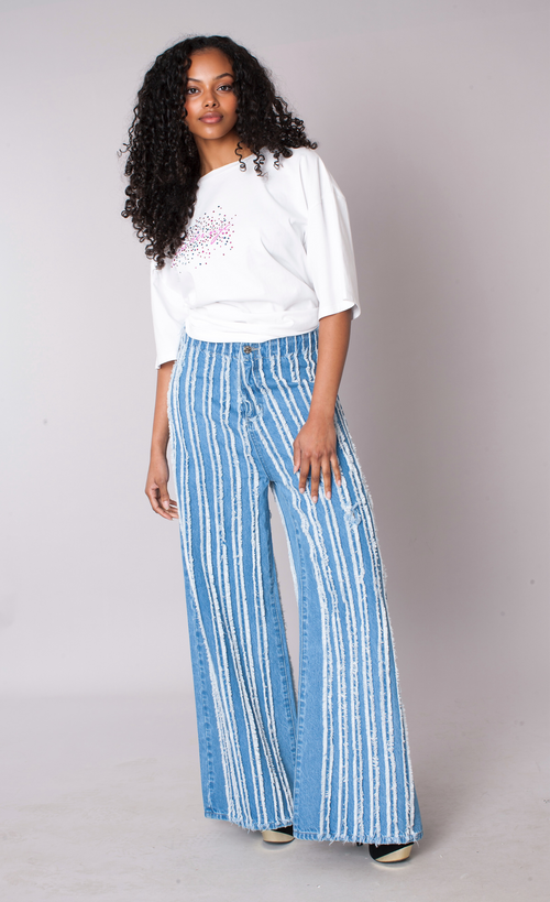 Vertical Distressed Stripe Denim Jeans - 83036